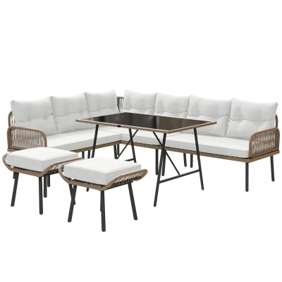 Outsunny 6pc Rattan Corner Sofa Set with Table Cream White