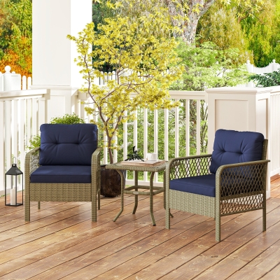 Outsunny 3 Pieces Rattan Bistro Set with Glass Top Coffee Table, Chairs and Cushions for Outdoor, Patio, Balcony, Charcoal Grey