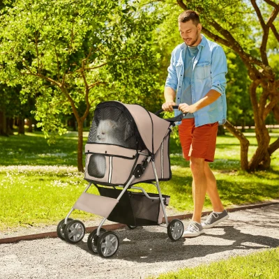 PawHut Carrito para Perros Pequeños con Toldo Ajustable Cesta de Almacenaje Portavasos y 2 Ruedas Universales 75x45x97 cm Café