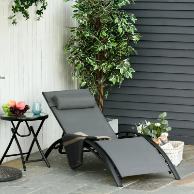Outsunny Tumbona Reclinable de Aluminio con Respaldo Ajustable en 5 Posiciones y Reposacabezas Extraíble Acolchado Textelino