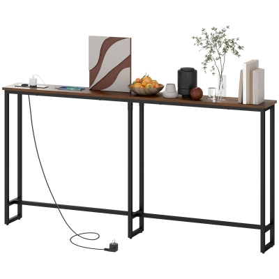 HOMCOM Smalle Consoletafel met Oplaadstation, Industriële Stijl, Stalen Frame, Bruin