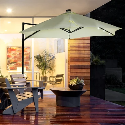 Outsunny Parasol de Terraza Manual Ø256x248 cm con Luces LED Solares Poste Giratorio 360° y Ventilación Superior Beige
