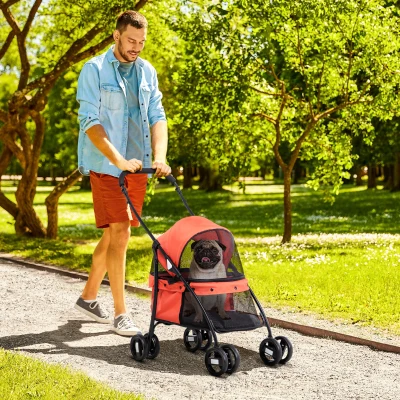 PawHut Cochecito para Perros Pequeños Plegable con Ventanas de Malla Cojín Lavable Correas de Seguridad y Marco de Acero Rojo