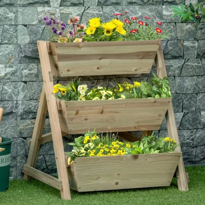Outsunny Jardinera de Escalera de 3 Niveles Maceteros de Madera Jardinera Vertical con Tela no Tejida y Orificios de Drenaje Huerto Urbano para Plantas Macetas Flores Jardín 71x61x77 cm Natural