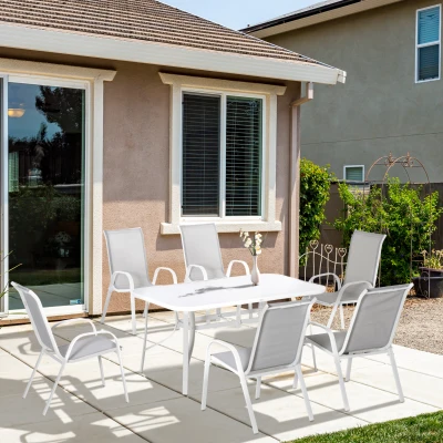 Outsunny Juego de Mesa y 6 Sillas para Terraza con Orificio para Sombrilla y Encimera de Cristal para Terraza Patio Gris