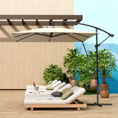 Outsunny Chapéu de Sol Excêntrico 247x247 cm com Base Cruzada Capa Ajustável Manivela Capa Protectora e Corda de Vento Caqui