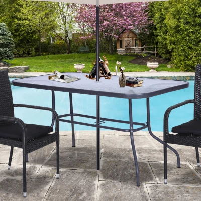 Outsunny Mesa de Jardín Exterior Rectangular de Metal Bordes Curvos con Orificio para Sombrilla Capacidad 70kg Vidrio Templado 140x80x70 cm Gris Carbón