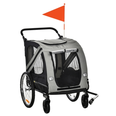 PawHut Remolque de Bicicleta para Perros 2 en 1 con Puertas Enrollables Cinturón de Seguridad Carga 30 kg 140x72,5x108 cm Gris