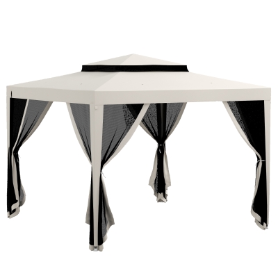 Outsunny Carpa de Jardín 3x3 m Cenador Gazebo con 4 Mosquiteras Laterales Techo Doble 8 Orificios de Drenaje Marco de Metal Crema