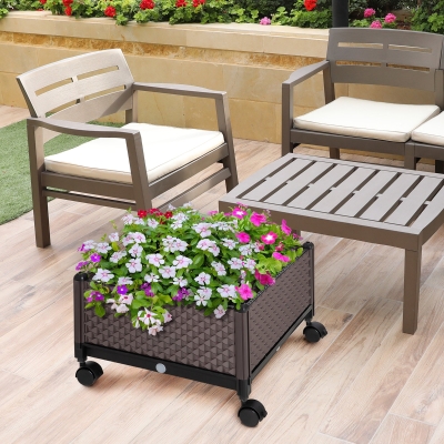 Outsunny Jardinera de Plástico con Ruedas y Agujeros de Drenaje para Cultivo de Plantas en Exterior 50x50x33 cm Marrón