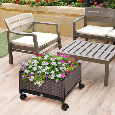 Outsunny Jardinera de Plástico con Ruedas y Agujeros de Drenaje para Cultivo de Plantas en Exterior 50x50x33 cm Marrón