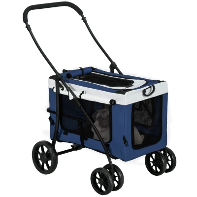 PawHut Cochecito para Perros Plegable con Vagón Desmontable 4 Puertas con Cremallera 2 Correas de Seguridad y Cojín Azul