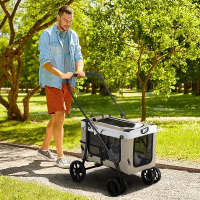 PawHut Cochecito para Perros Plegable con Vagón Desmontable 4 Puertas con Cremallera 2 Correas de Seguridad y Cojín Caqui