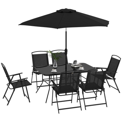 Outsunny Juego de Comedor de Jardín de 8 Piezas con 1 Mesa de Cristal 6 Sillas Plegables y 1 Sombrilla para Terraza Patio Negro