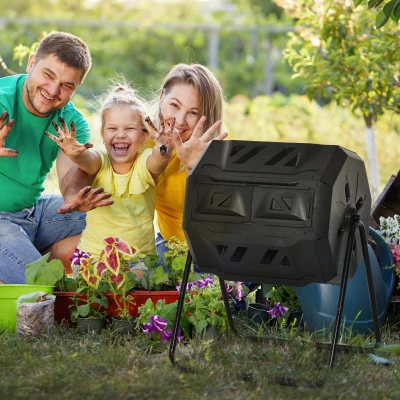 Outsunny Compostador de Tambor Giratorio con Capacidad 160 Litros de Doble Cámara y Ventilación Marco de Acero 71x65x96cm Negro