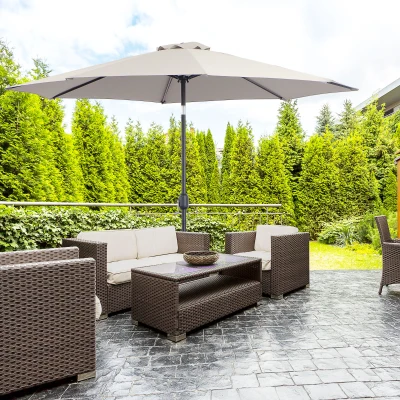 Outsunny Sombrilla de Jardín Ø295x250 cm con Manivela Parasol Exterior con Mecanismo de Inclinación y Poste Desmontable de Metal para Terraza Piscina Patio Gris Claro