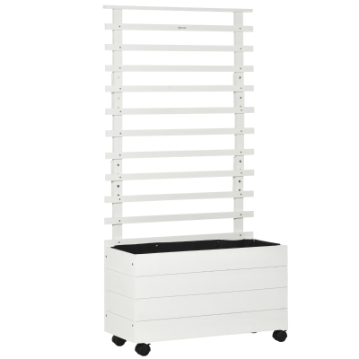 Outsunny Jardinera con Enrejado de Madera Maciza Soporte con 4 Ruedas Celosía y Malla Geotextil 76x30x155 cm Blanco