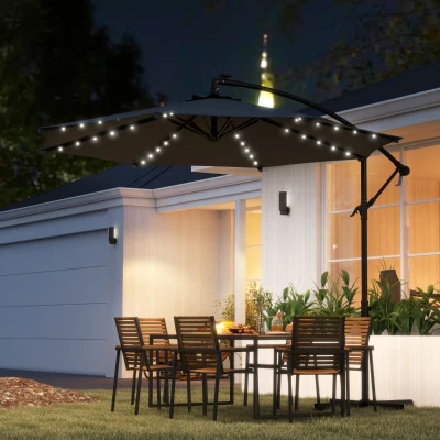 Outsunny Chapéu de Sol Excêntrico  Ø294 cm com 32 Luzes LED Solares Base Cruzada e Capa de Proteção Anti-UV 30+ Cinza Escuro