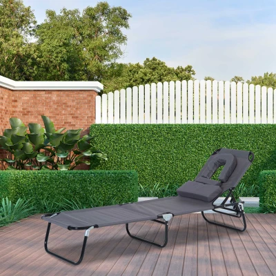 Outsunny Tumbona Plegable con Respaldo Regulable en 4 Posiciones Tumbona de Jardín con Almohada Marco de Acero y Tela Oxford para Camping Playa Terraza Carga 120 kg 190x56x28 cm Gris