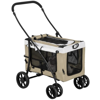 PawHut Cochecito para Perros Plegable con Vagón Desmontable 4 Puertas con Cremallera 2 Correas de Seguridad y Cojín Caqui