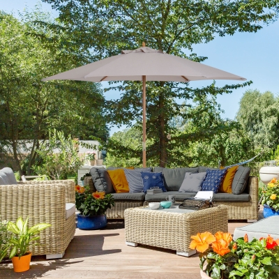 Outsunny Sombrilla de Jardín Ø250x230 cm Parasol de Terraza con Marco de Madera 6 Varillas Sistema de Cuerda e Impermeable Gris