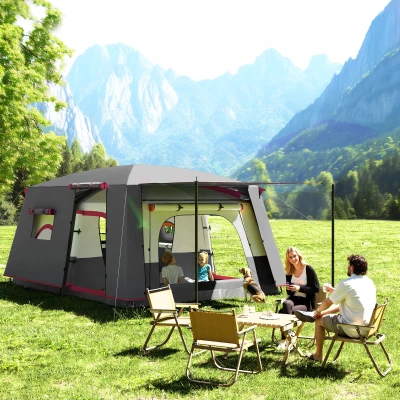 Outsunny Tenda de Campismo Familiar para 4-6 Pessoas com 2 Quartos Alpendre Impermeável 3000 mm Anti-UV 430x305x195 cm Cinzento e Vermelho