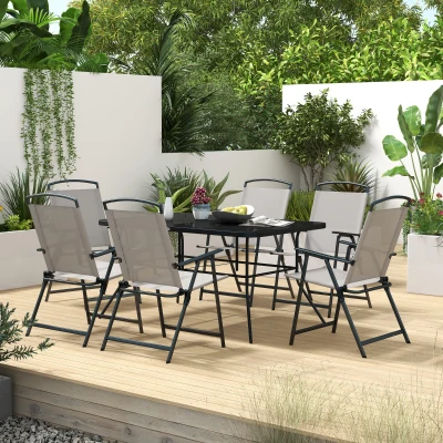 Outsunny Juego de Comedor de Jardín de 7 Piezas con Mesa con Orificio para Sombrilla y 6 Sillas Plegables para Terraza Patio Gris