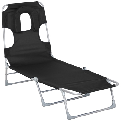 Outsunny Tumbona Reclinable y Plegable de Jardín con Orificio de Lectura Reposacabezas y Respaldo Ajustable en 5 Niveles para Playa 182x56x28 cm Negro