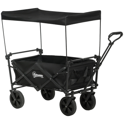 Outsunny Carro Plegable con Toldo Desmontable Longitud y Ángulo del Mango Ajustables y Bolsa de Transporte Carga 100 kg Negro