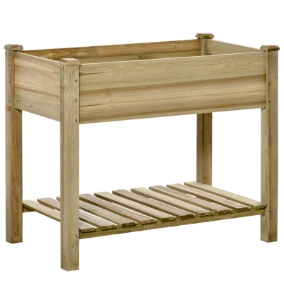 Outsunny Huerto Urbano de Madera con Estante 91x51x76 cm Mesa de Cultivo Rectangular con Orificios de Drenaje para Cultivos Plantas Jardín Terraza Exterior Color Natural