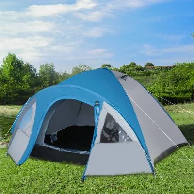 Outsunny Tienda de Campaña para 3-4 Personas con Ventanas 2 Bolsillos y Bolsa de Transporte 250x300x130 cm Gris y Azul