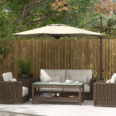 Outsunny Sombrilla de Jardín Ajustable Ø294x242 cm con Poste Giratorio 360° Ángulo de Techo Ajustable y Ventilación Crema