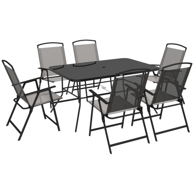 Outsunny Juego de Comedor de Jardín de 7 Piezas con Mesa con Orificio para Sombrilla y 6 Sillas Plegables para Terraza Patio Gris