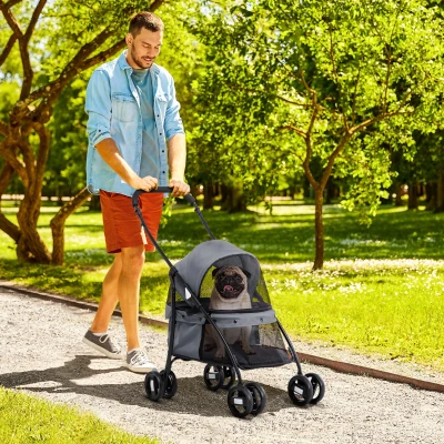 PawHut Cochecito para Perros Pequeños Plegable con Ventanas de Malla Cojín Lavable Correas de Seguridad y Marco de Acero Gris