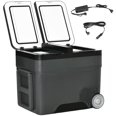 Outsunny Nevera de Coche 45L 12V/24V hasta -22℃ con Compartimento Congelador Pantalla LED Táctil Ruedas 63,2x42x50,8cm Negro