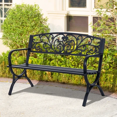 Outsunny Banco de Jardín de 2 Plazas Banco de Terraza de Hierro con Diseño Clásico Patrón Floral 127x60x85cm Negro