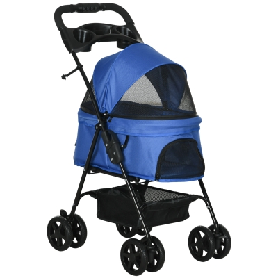 PawHut Carrito para Perros Pequeños con Ruedas Universales Cesta de Almacenaje Correas de Seguridad y Ventanas 67x45x96 cm Azul