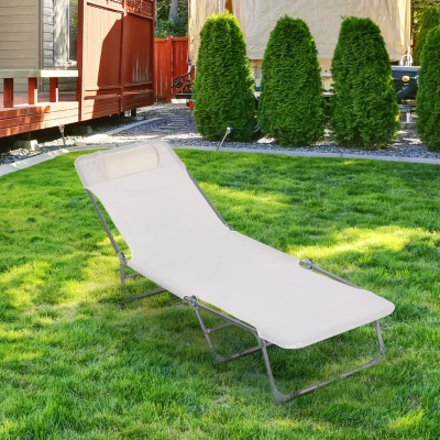 Outsunny Tumbona Plegable y Reclinable de Jardín con Reposacabezas y Respaldo Ajustable en 5 Niveles Tela de Texteline Transpirable 182x56x28 cm Crema