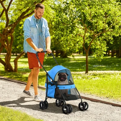 PawHut Cochecito para Perros Pequeños Plegable con Ventanas de Malla Cojín Lavable Correas de Seguridad y Marco de Acero Azul