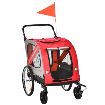PawHut Remolque de Bicicleta para Perros 2 en 1 con Puertas Enrollables Cinturón de Seguridad Carga 30 kg 140x72,5x108 cm Rojo