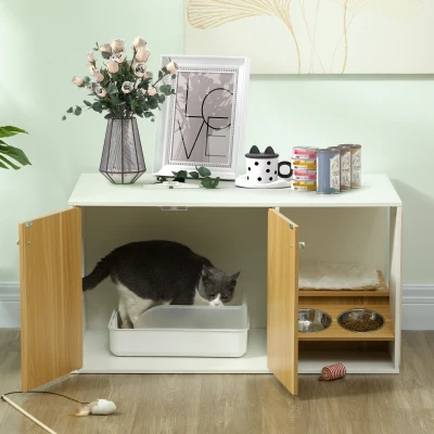 PawHut Móvel Caixa de Areia para Gatos 3 em 1 Mesa Auxiliar Caixa de Areia para Gatos com Tapete para Arranhar 95x48x50,5 cm Branco e Carvalho