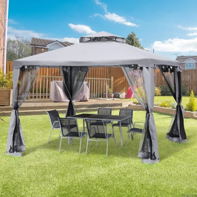 Outsunny Pabellón de Exterior 3x3 m con Doble Techo de Ventilación 4 Cortinas 8 Orificios de Drenaje Gris