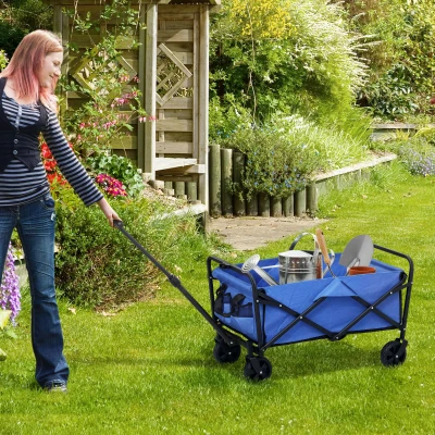 Outsunny Carrinho de Transporte com Rodas Carrinho de Jardim Dobrável com Pega Telescópica Ajustável 2 Bolsas de Arrumação 64x42x27 cm Azul