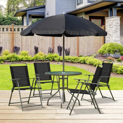 Outsunny Conjunto de Muebles para Jardín con 4 Sillas 1 Mesa y 1 Parasol Texteline Aluminio y Poliéster Negro