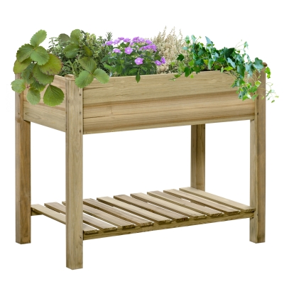 Outsunny Huerto Urbano de Madera con Estante Mesa de Cultivo Rectangular con Orificios de Drenaje para Cultivos Plantas Jardín Terraza Exterior Carga 80 kg 91x51x76 cm Natural