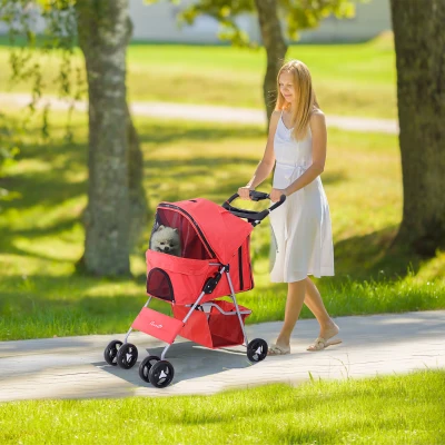 PawHut Carrito para Perros con Toldo Ajustable Cesta de Almacenaje y Ruedas con Freno Tela Oxford 75x46x94 cm Rojo