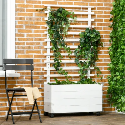 Outsunny Jardinera con Enrejado de Madera Maciza Soporte con 4 Ruedas Celosía y Malla Geotextil 76x30x155 cm Blanco