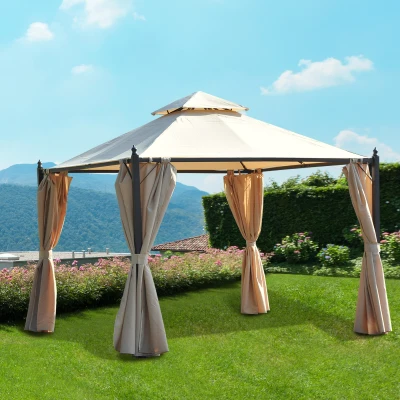 Outsunny Cenador de Jardín 3x3m Gazebo con Doble Techo 4 Cortinas Laterales Mejor Ventilación Exterior Espacioso para Fiesta Eventos Barbacoa Beige
