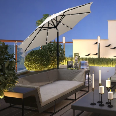 Outsunny Parasol de Terraza Ø268x238 cm con 24 Luces LED Solar Mecanismo de Inclinación Manivela y Poste Desmontable Crema