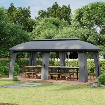 Outsunny Cenador de Jardín Gazebo Exterior con Doble Techo y Mosquiteras para Fiestas Eventos 3x6 m Gris Oscuro